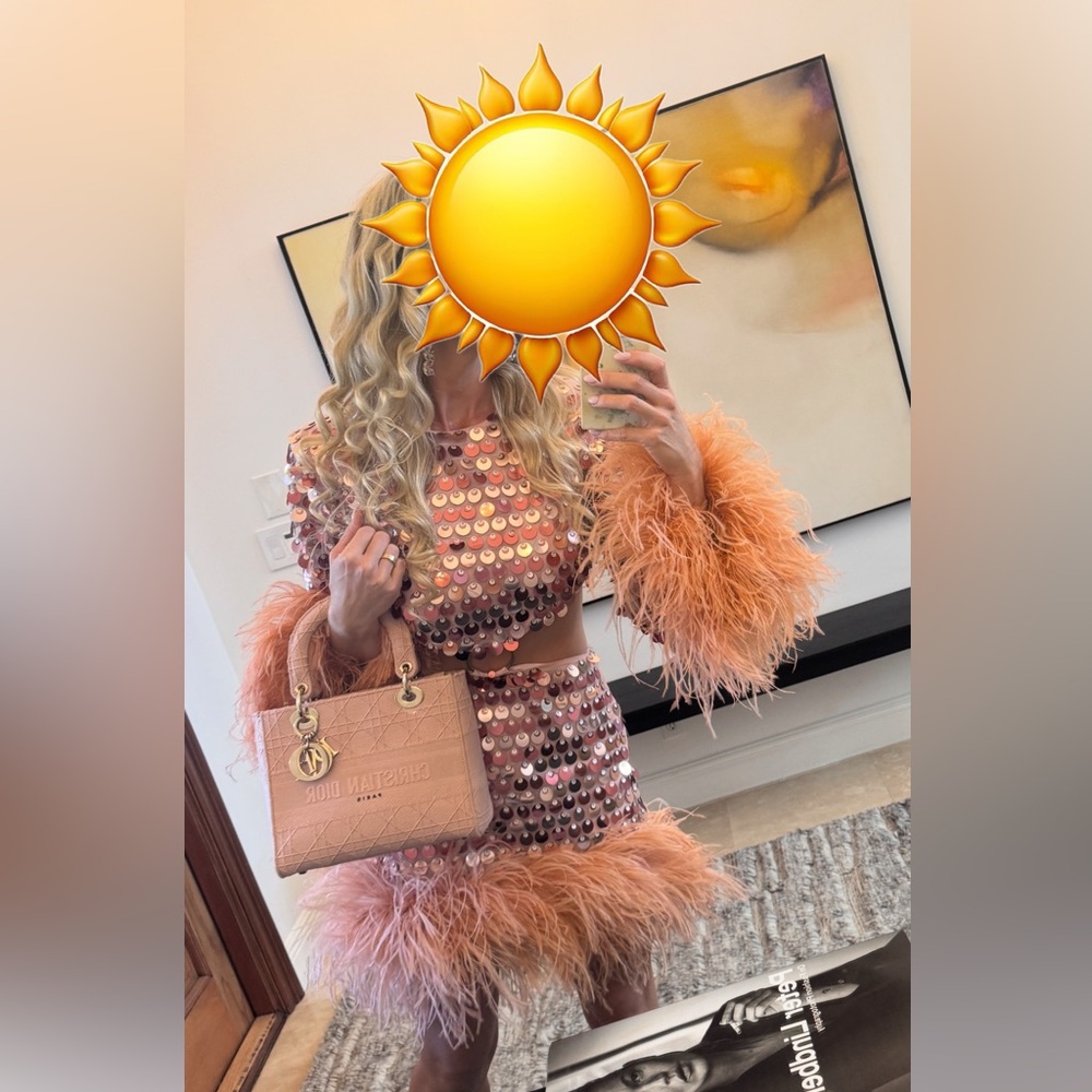 Sequined Feather Trim Two-Piece Dress in Blush Pink